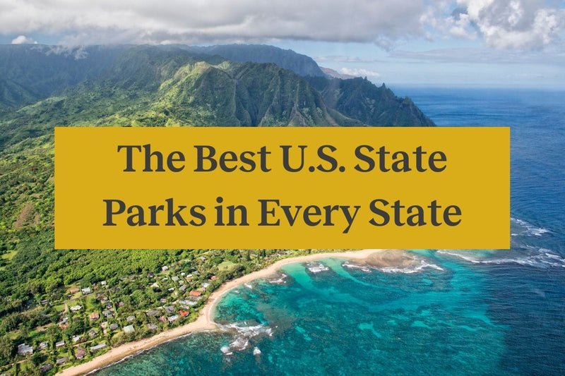 The Napali Coastline in Hawaii, with a yellow rectangle in front of it and the words