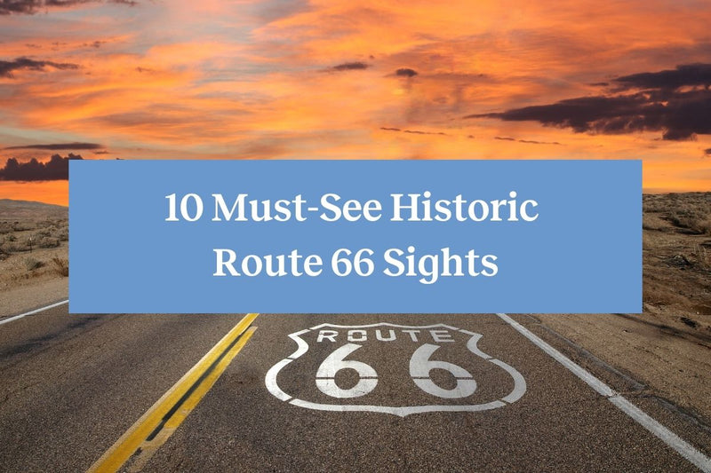 A colorful sunset on a highway along Route 66 with a painted street Route 66 sign on the asphalt and the words