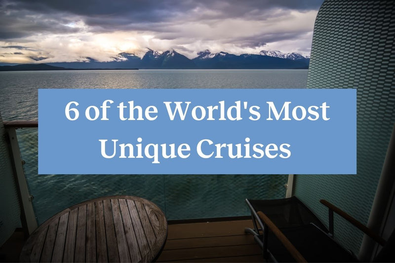 A view of mountains across the sea from a cruise ship balcony, as well as a blue rectangle with the words