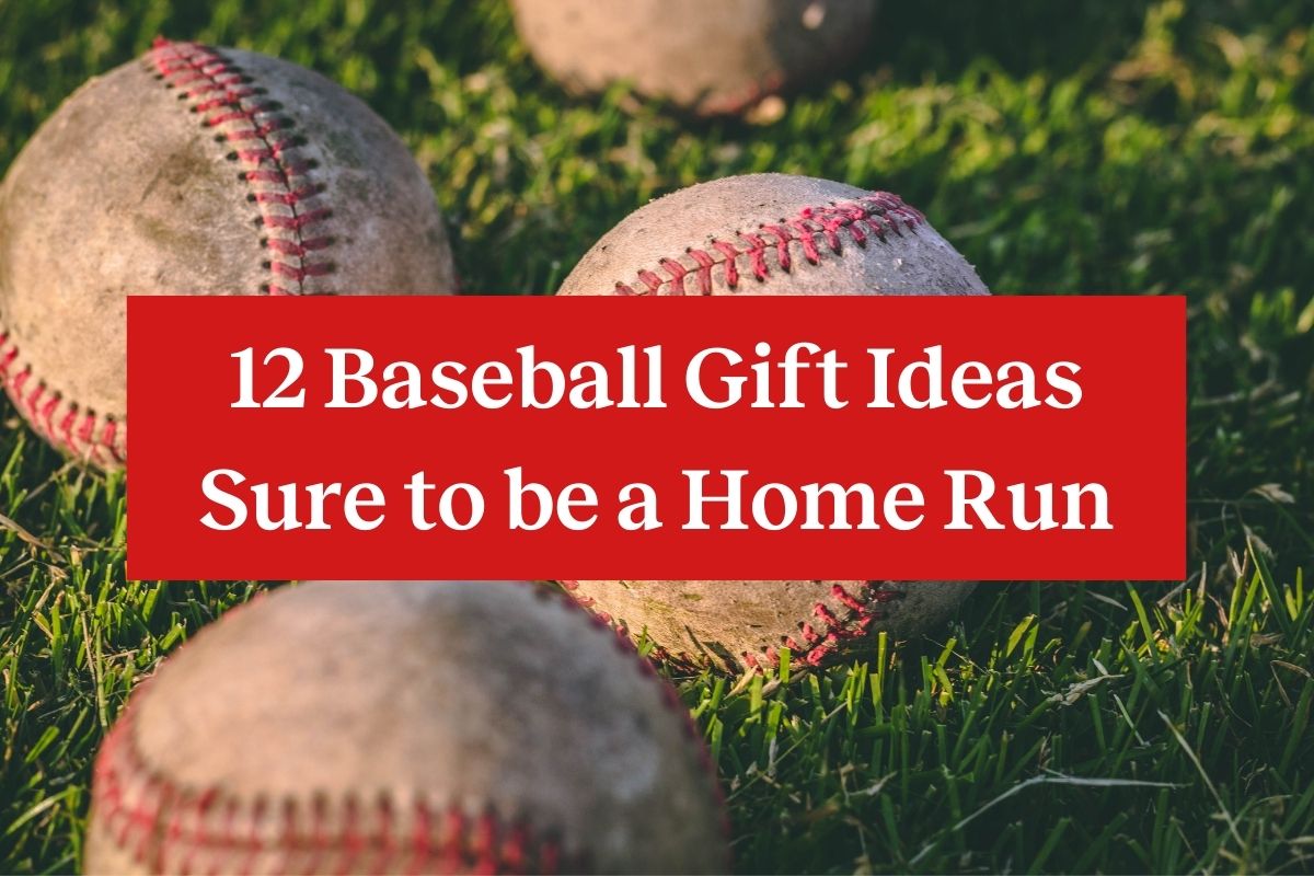 Four baseballs lying in grass with a red rectangle and the words "12 baseball gift ideas sure to be a home run"