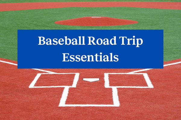 A baseball diamond with a blue rectangle and the words "Baseball Road Trip Essentials" in white