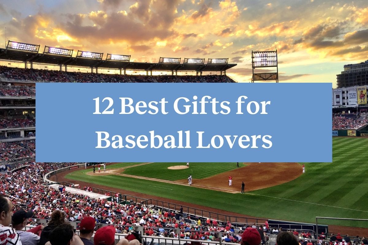 A baseball field with a cloudy sunset and a blue rectangle with white letters reading "12 best gifts for baseball lovers"