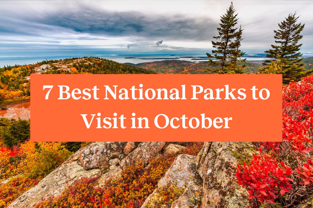 A view of bluffs and the ocean in Acadia National Park and an orange rectangle with white letters that says "7 Best National Parks to Visit in October"