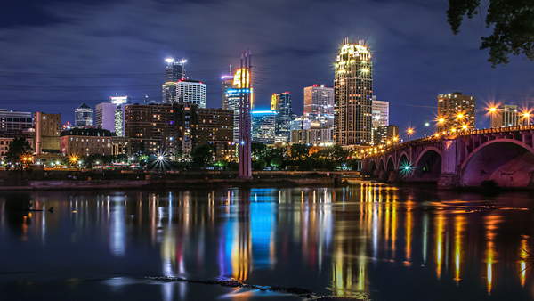 Downtown Minneapolis and the Mississippi River at Night