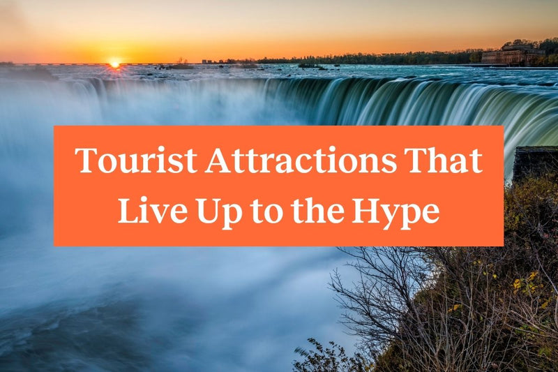 Niagara Falls at sunset with an orange rectangle and the words 