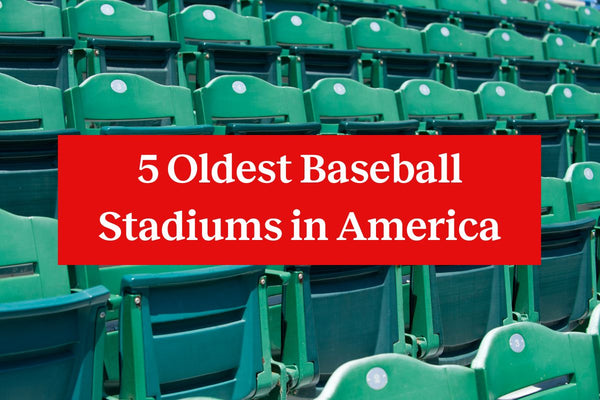 Green folding seats in a baseball stadium and a red rectangle with the words "5 oldest baseball stadiums in America" in white