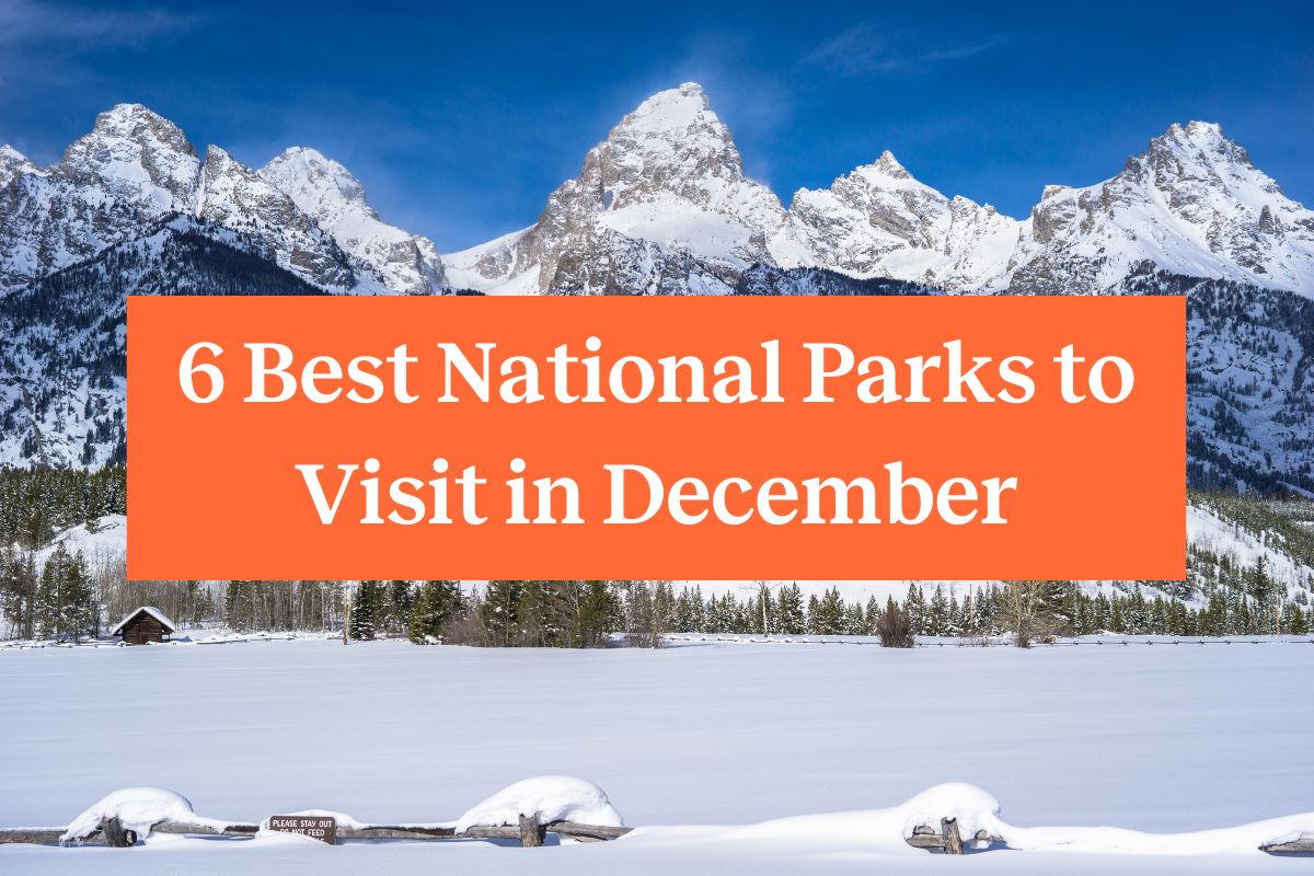 Snow-capped Grand Tetons and snow on the ground with an orange rectangle and white letters that read "6 best national parks to visit in December"