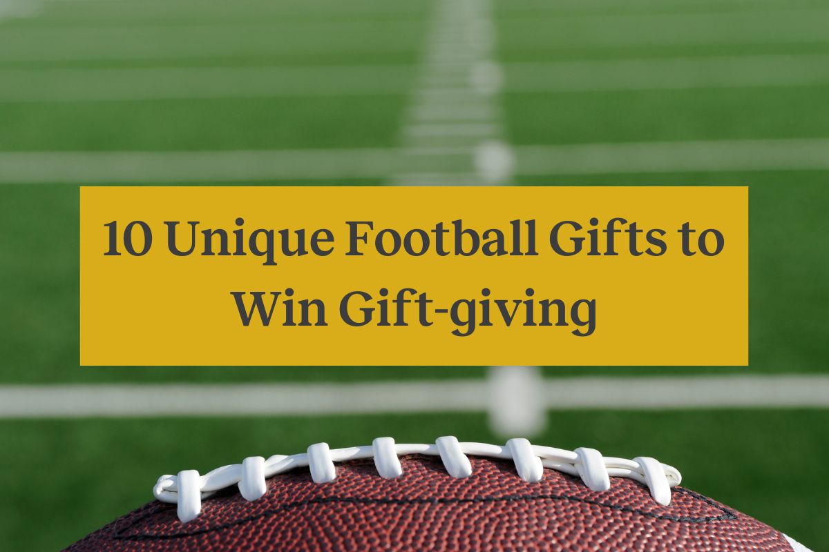 A football on a field with a yellow rectangle and the words "10 unique football gifts to win gift-giving"