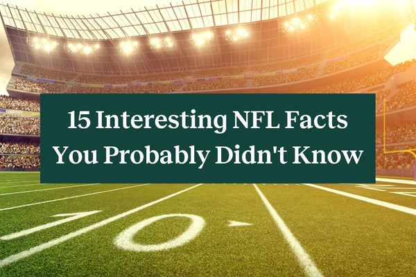 A football field with stadium lights on and a green rectangle with white letters that says "15 interesting NFL facts you probably didn't know"