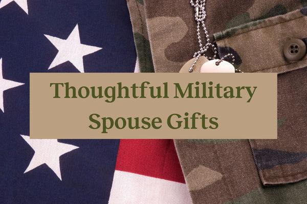 An American flag on the left, camouflage uniform on the right, dog tags, and a tan-colored rectangle that reads "Thoughtful military spouse gifts"