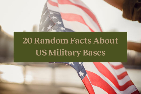 A waving American flag with an Army green rectangle in front of it that says "20 random facts about US military bases"