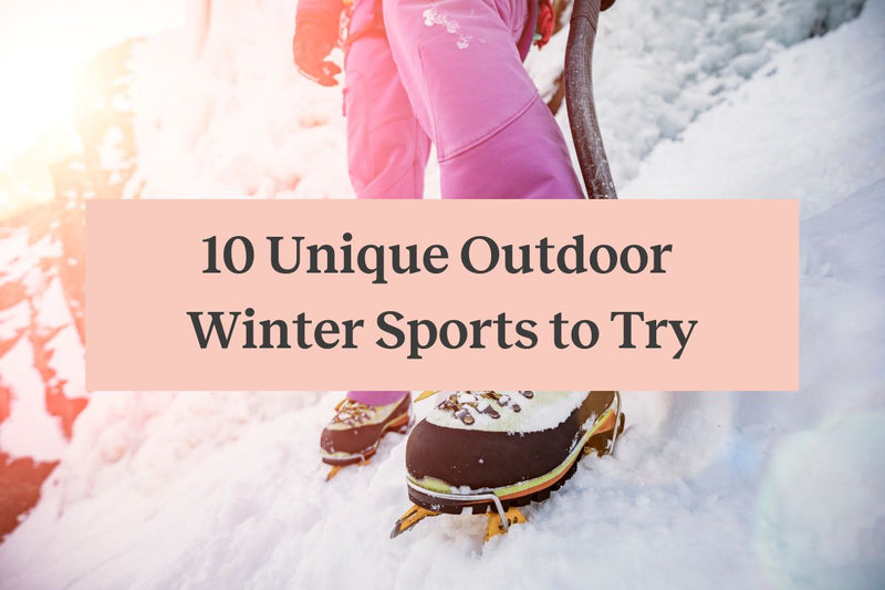 Someone wearing pink snow pants and ice cleats standing on a snowy hill, with a pink rectangle and the words 
